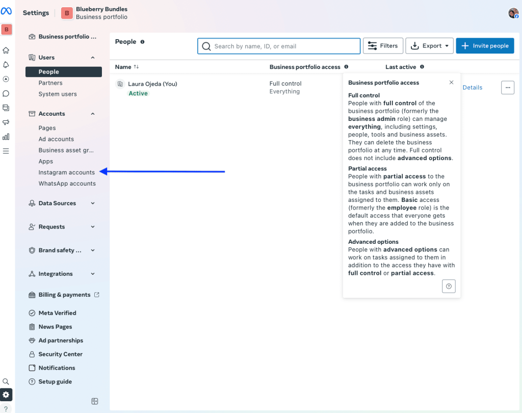 In Meta business profile settings; highlighting of Instagram accounts.