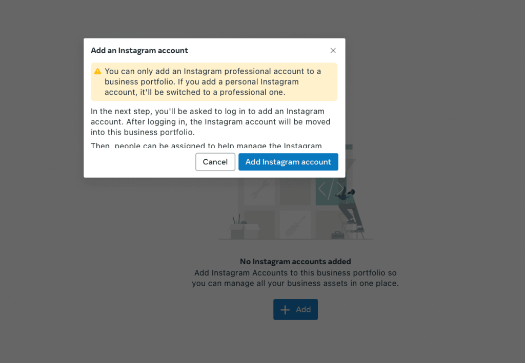 Disclaimer for adding Instagram to Facebook for linking to Shopify later.