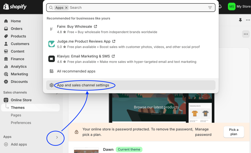 Shopify dashboard with App and sales channel settings highlighted in blue