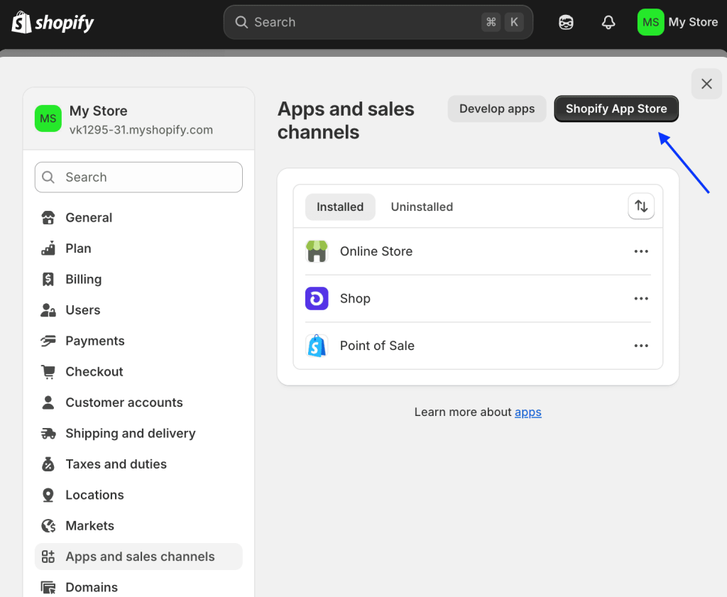 Shopify App store button highlighted with an arrow