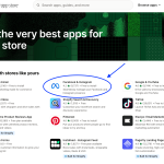 Shopify App Store; Facebook and Instagram circled in blue with an arrow.