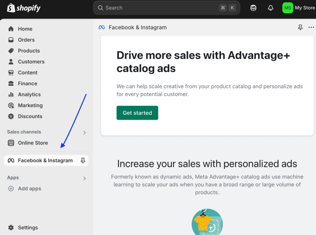 Shopify dashboard with a blue error highlighting sidebar "Facebook & Instagram integration)