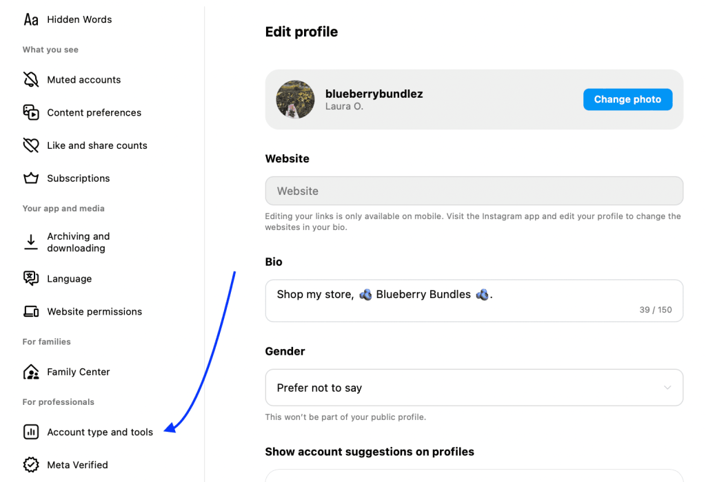 Account type and tools for Meta's settings on Laura's account
