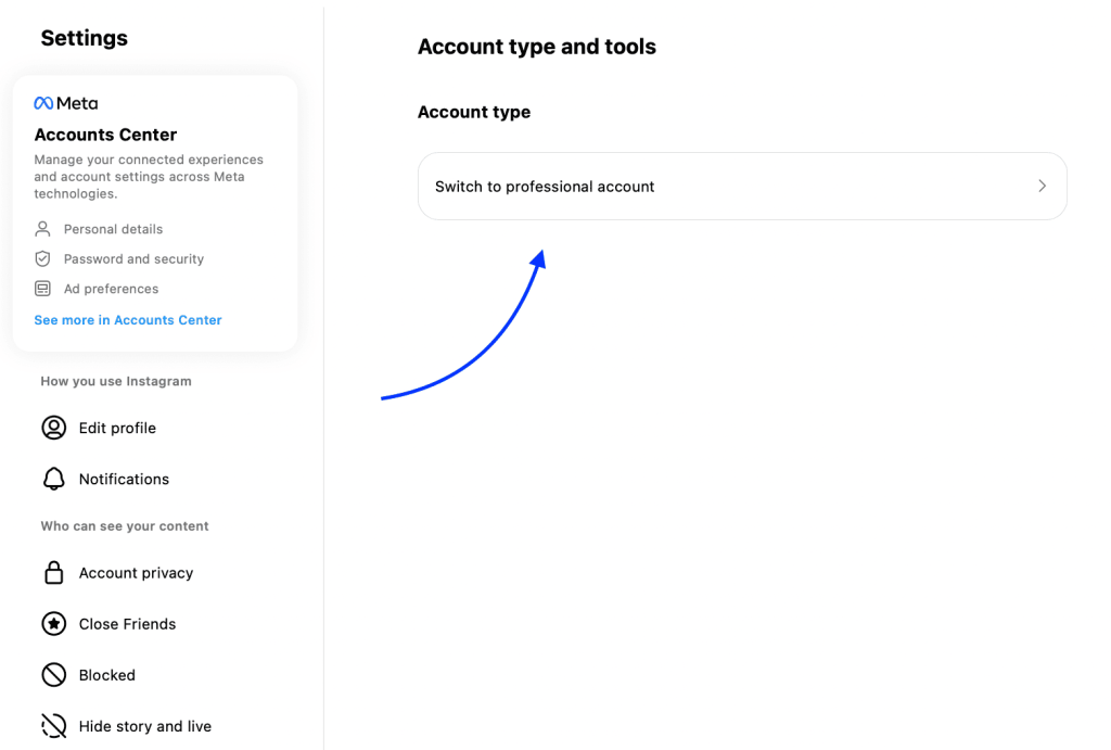 Meta settings page to choose professional account