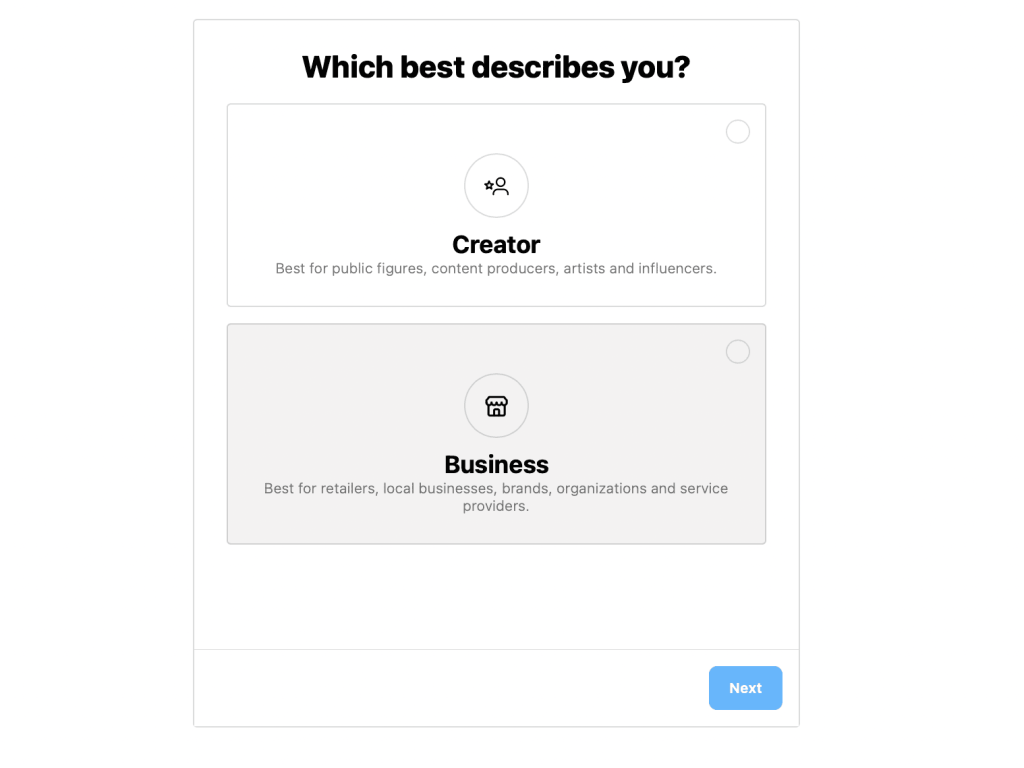 Choosing business or creator in Instagram