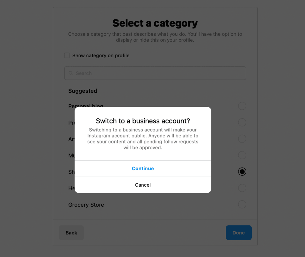 Switching to business account; Instagram