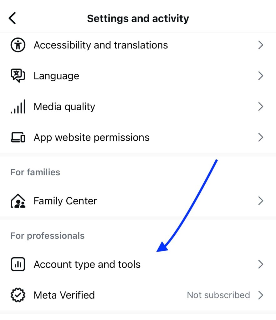 Account type and tools for professionals highlighted in Meta dashboard
