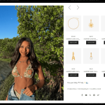 Mobile view of a shoppable content experience featuring a woman wearing a pink outfit with tappable product tags; side panel displays item details, price, and purchase options for seamless in-app shopping.