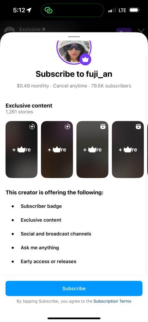 Screenshot of subscribing to fuji_an's instagram a monthly charge of 0.49$ USD.