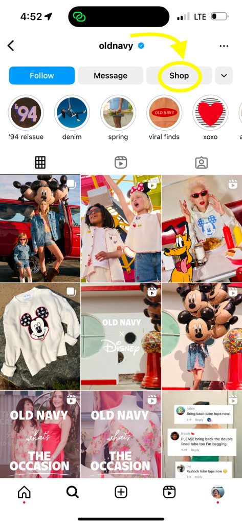 Screenshot of old navy's instagram, highlighting the (Shop) in their instagram store navigation.