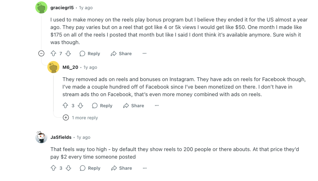 Reddit screenshot of a sub-thread talking about how to make money on instagram