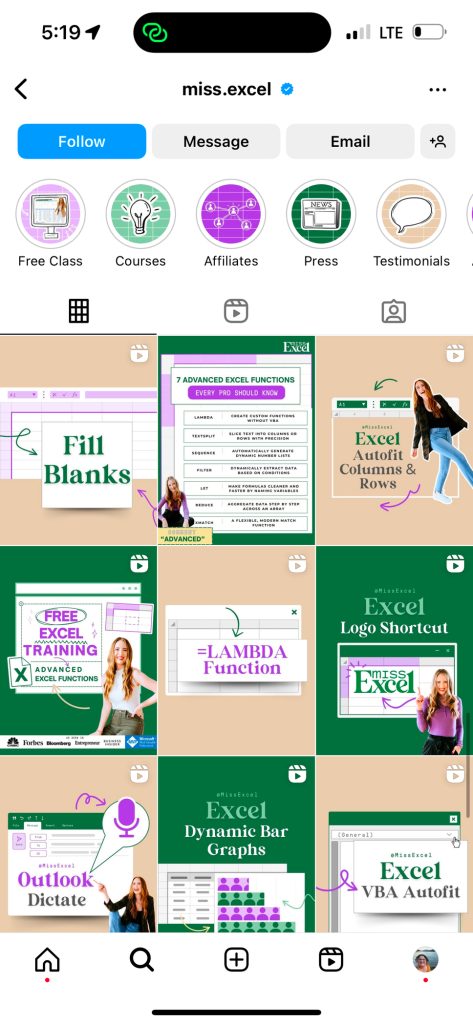Screenshot of miss excel on mobile, and her free / paid courses which help generate money for her on instagram.