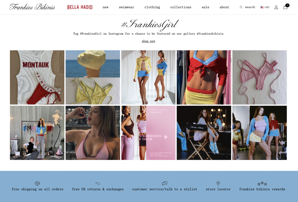 Frankies Girl Bikini's homepage, screenshot of different women, bikinis above the fold on desktop, to showcase conversion content.