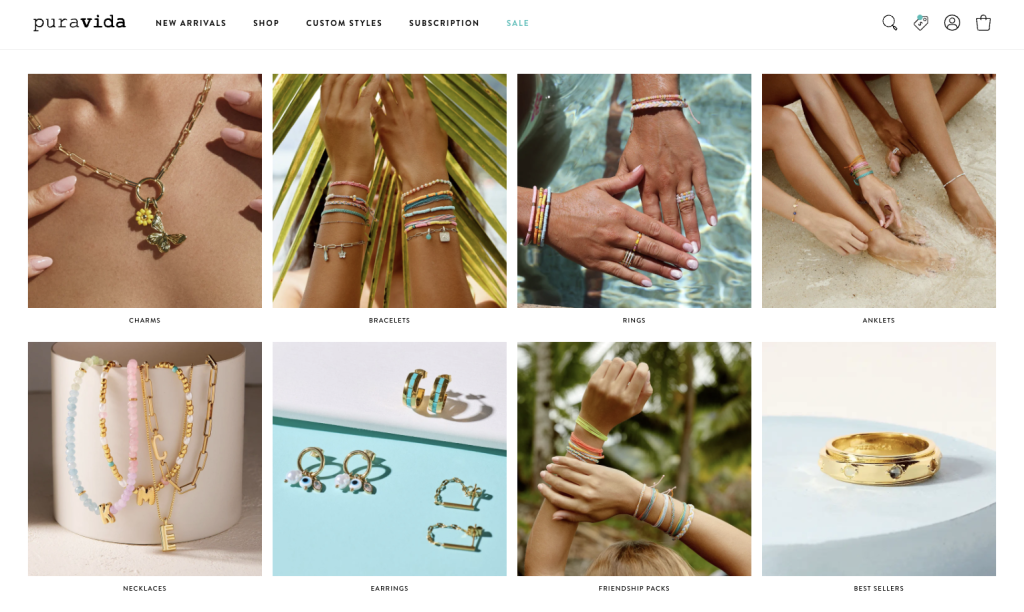 Pure vida screenshot of different products that are all shoppable content and can convert quickly.