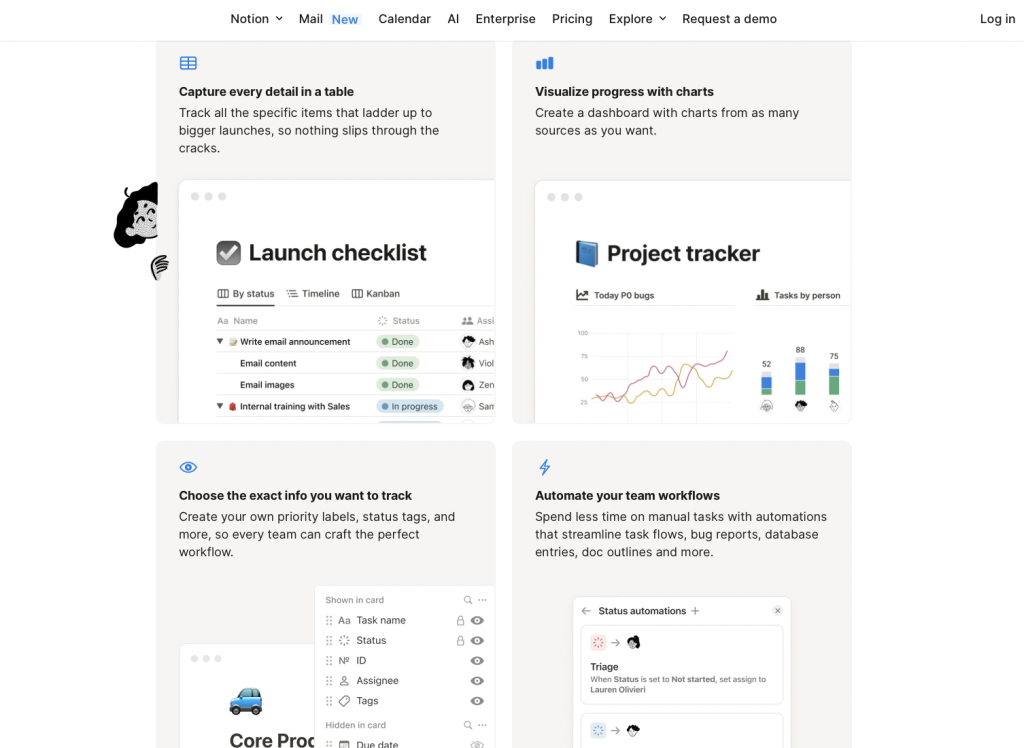 Notion product strategy, their product page desktop screenshot, showcasing different capabilities with detailed interface screenshots.