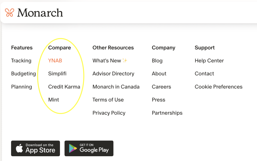 Screenshot of monarch money home page and links (Desktop)