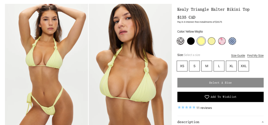 Screenshot from Frankies Bikinis - young woman in a yellow bikini on a pdp