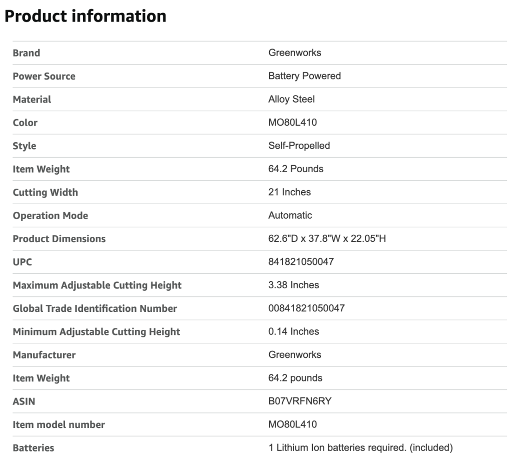 Product-information-from-green-works-lawn-mower-in-table-format