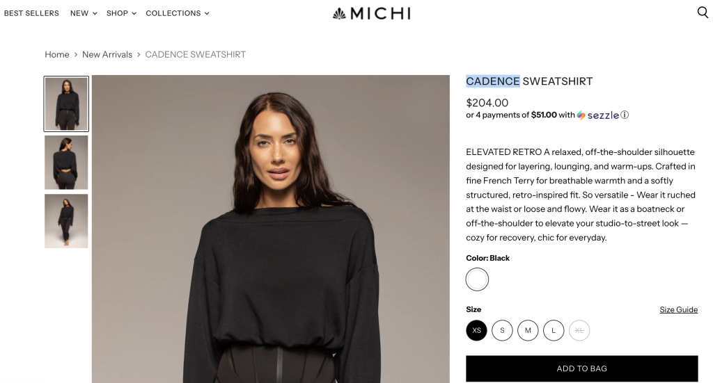 Screenshot-from-Michi-sweatshirt, product page, title and description
