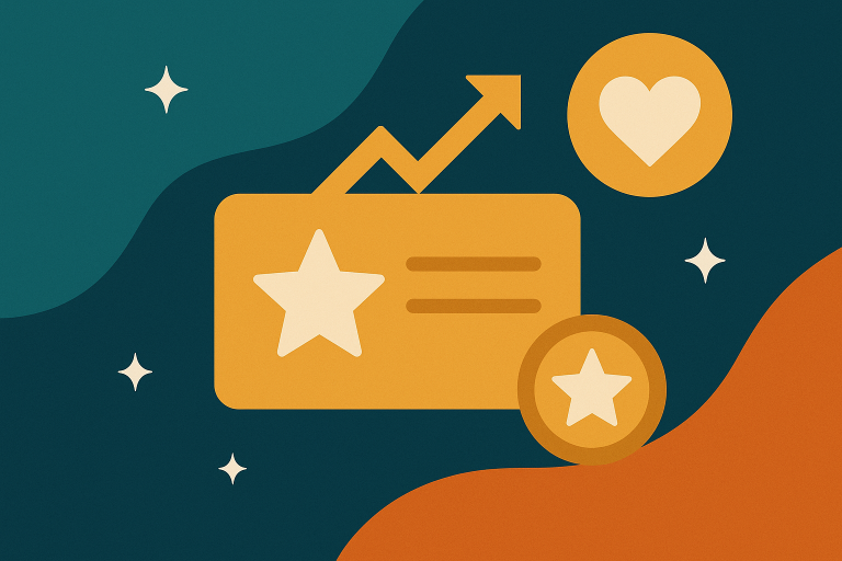 Minimalist abstract vector illustration of a loyalty card with star icon and reward coins on teal and gold background