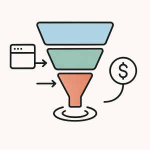 eCommerce UX conversion funnel showing stages from discovery to checkout optimization with icon-based illustration