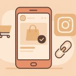 illustration of a smartphone showing an Instagram-style shoppable post with a shopping bag, cart icon, and link symbol, representing Instagram shopping integrations in soft peach and beige