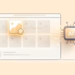 illustration showing an AI chip selecting the top user-generated content image from a UGC grid, with a highlighted photo and checkmark symbolizing automated curation in soft peach and beige tones