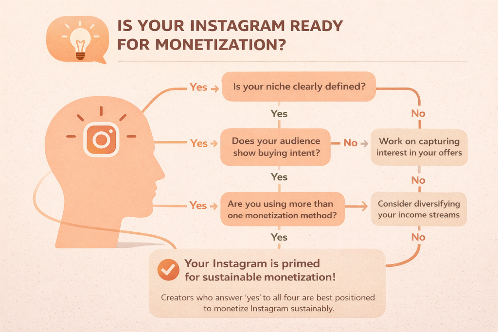 Illustration of a decision tree showing steps to monetize Instagram with niche clarity, buying intent, and income streams