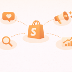 Minimalist illustration of Shopify marketing tools with a storefront bag icon connected to growth, search, ads, and engagement icons