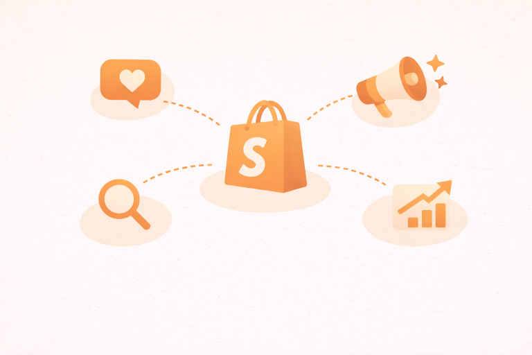 Minimalist illustration of Shopify marketing tools with a storefront bag icon connected to growth, search, ads, and engagement icons