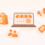 Shopify affiliate marketing apps illustrated with ecommerce storefront, promotion icon, and commission tag