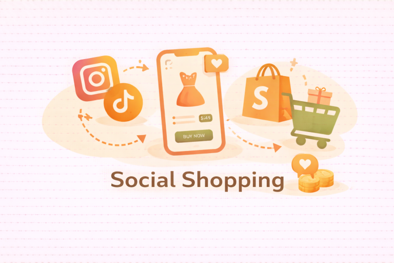 Minimalist illustration of social shopping with smartphone product view, social media icons, and ecommerce purchase flow