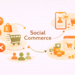 Minimalist illustration showing social commerce journey from social media engagement to ecommerce purchase and revenue growthMinimalist illustration showing social commerce journey from social media engagement to ecommerce purchase and revenue growth
