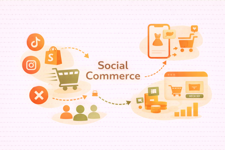 Minimalist illustration showing social commerce journey from social media engagement to ecommerce purchase and revenue growthMinimalist illustration showing social commerce journey from social media engagement to ecommerce purchase and revenue growth