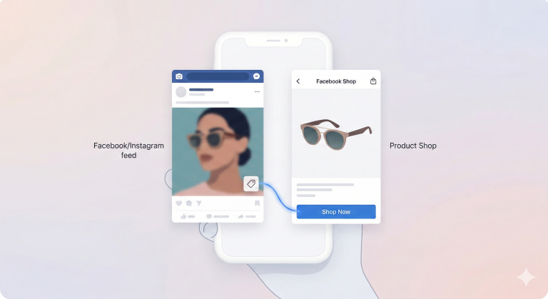 A minimalist illustration showing the integration between a Facebook social feed and a Facebook Shop interface on a mobile device, connected by a seamless customer journey lin