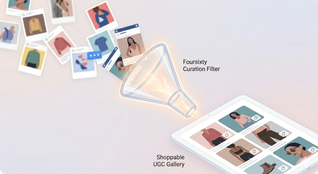 A visual representation of the Foursixty curation filter turning a stream of raw social media posts into an organized, shoppable UGC gallery on a digital tablet.