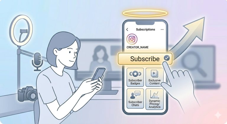 A clean 2D vector illustration of a creator managing an Instagram Subscription, featuring a clear "Subscribe" button and icons for badges, chats, and dynamic pricing.