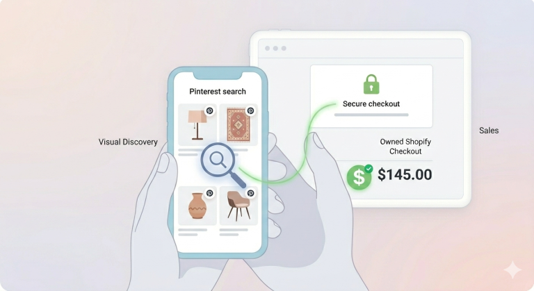 A visual discovery illustration showing a Pinterest search results grid on a mobile screen, with a magnifying glass icon and a path leading to a secure Shopify checkout on a tablet, demonstrating the journey from visual discovery to purchase..png