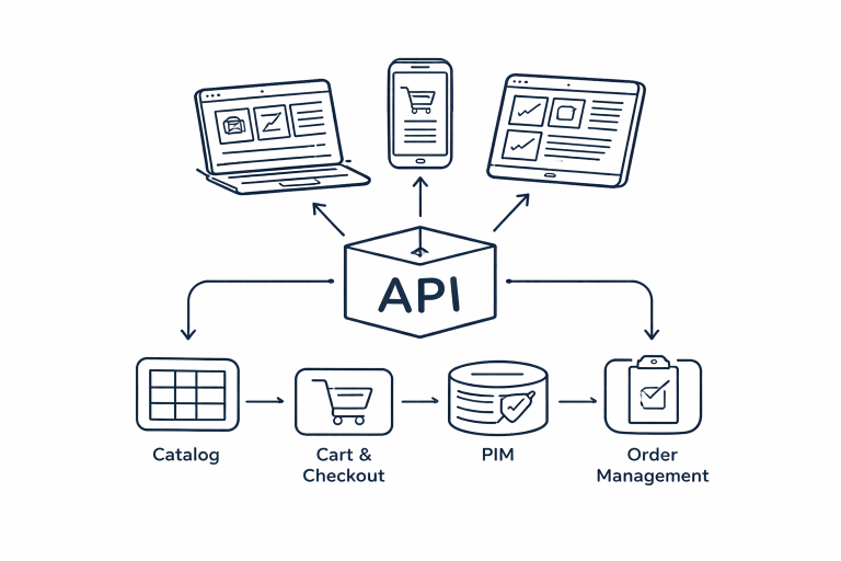 minimal line diagram showing API connecting storefront devices to commerce systems like catalog cart checkout PIM and order management