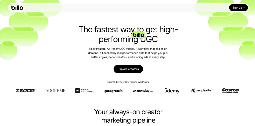 billio homepage screenshot above the fold, green and white hues
