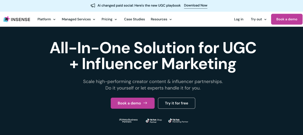 Insense screenshot desktop above the fold, black and purple white hues
