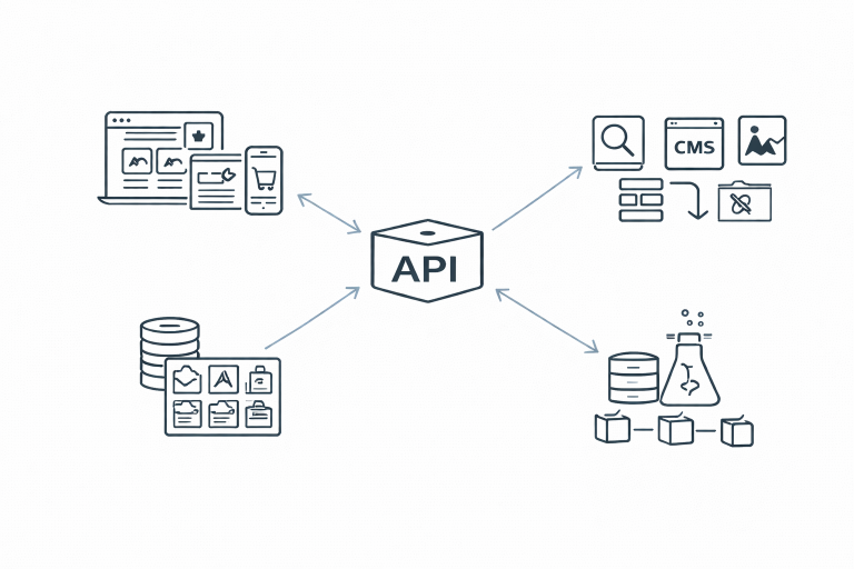 minimal line diagram of headless commerce showing API connecting storefront devices CMS search systems product catalog data and backend services