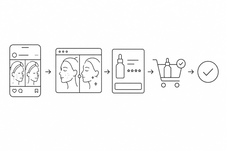 Minimalist black-and-white line illustration showing a beauty ecommerce UGC journey with before-and-after skincare images, product discovery, add-to-cart flow, and purchase confirmation icons