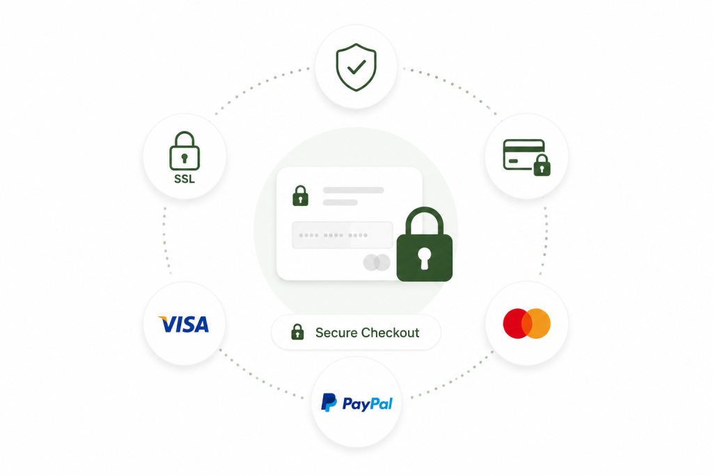 Secure ecommerce checkout illustration featuring payment security, trusted payment methods, and checkout reassurance signals.