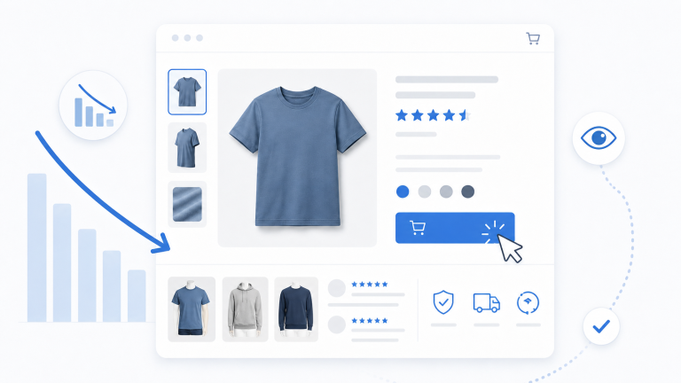 Ecommerce product page optimization with bounce rate chart, product details, reviews, and trust signals